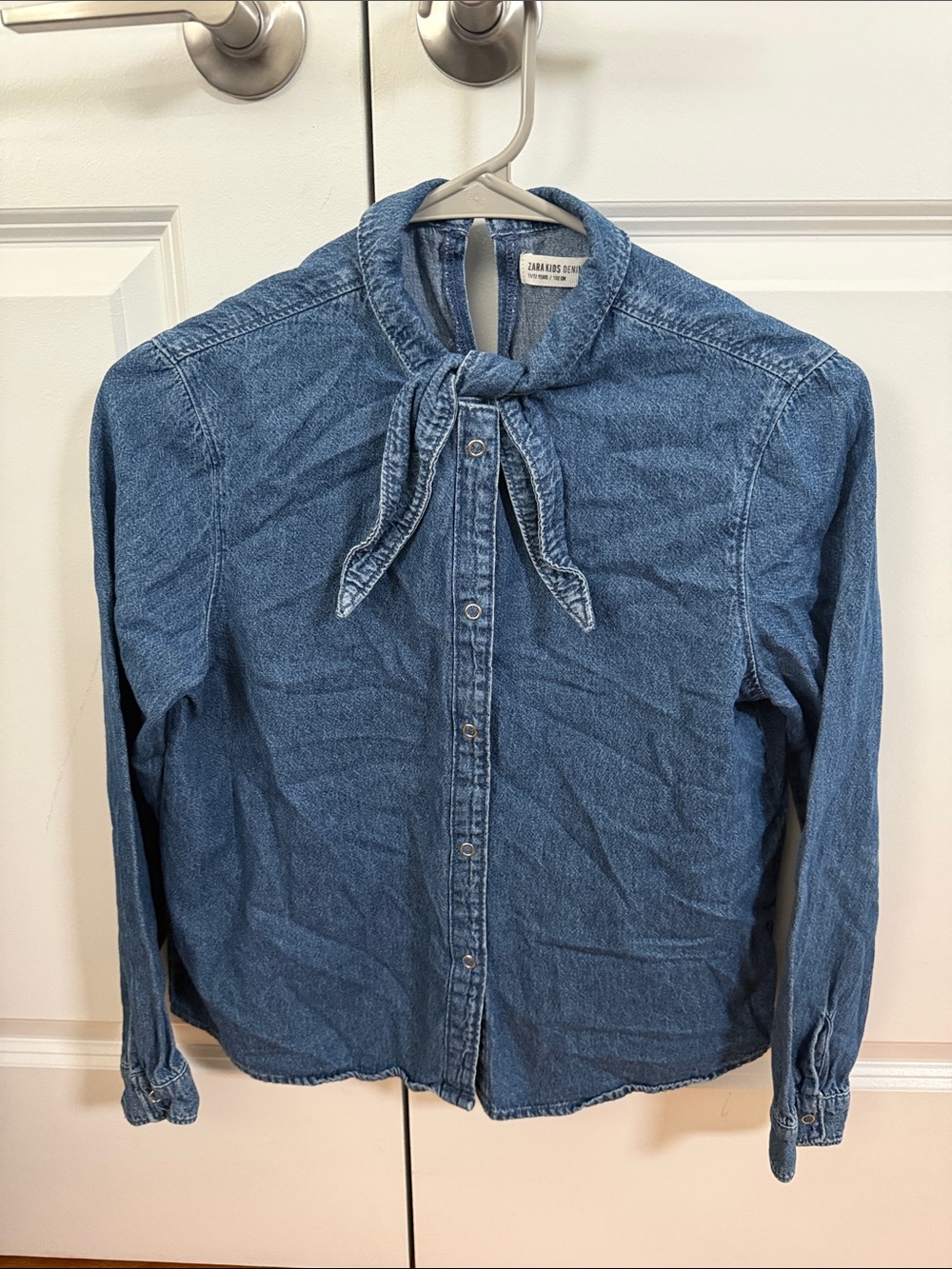 Zara Blue Denim Tie-Neck Button-Down Shirt